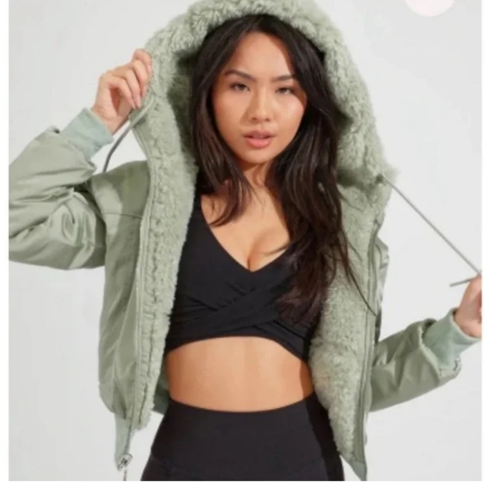 BuffBunny Sage Green Sherpa-Lined Bomber Jacket